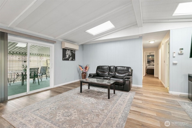 11436 SE 208th St Unit 33, Kent, WA 98031 - living room featuring lofted ceiling with beams, baseboards, a wall mounted air conditioner, and wood finished floors