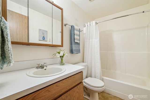 12802 Silver Dr, Anderson Island, WA 98303 - bathroom with toilet, shower / tub combo, vanity, and tile patterned floors