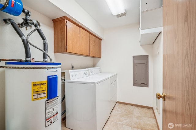 12802 Silver Dr, Anderson Island, WA 98303 - laundry room featuring light tile patterned floors, separate washer and dryer, electric panel, water heater, and cabinet space