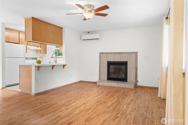 12802 Silver Dr, Anderson Island, WA 98303 - unfurnished living room with a wall mounted AC, light wood-style flooring, baseboards, and a ceiling fan