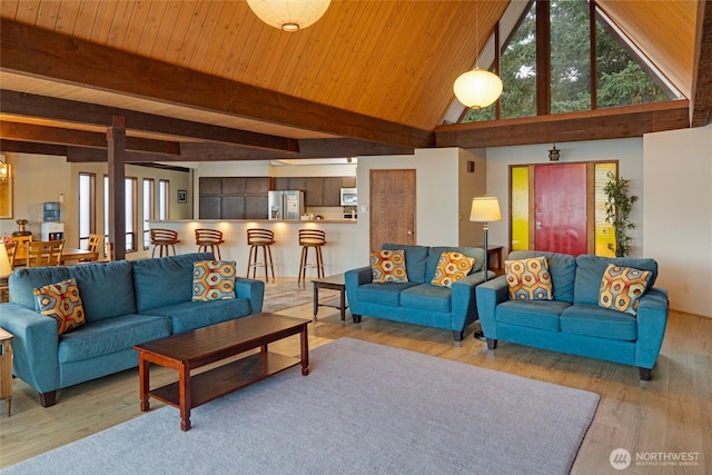 458 De Haro Ln, Friday Harbor, WA 98250 - living room featuring wood ceiling, beam ceiling, a healthy amount of sunlight, and wood finished floors