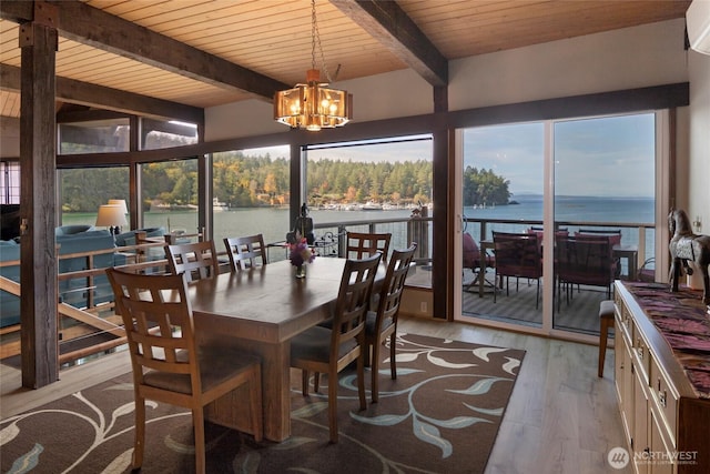458 De Haro Ln, Friday Harbor, WA 98250 - sunroom featuring an inviting chandelier, a water view, and beam ceiling