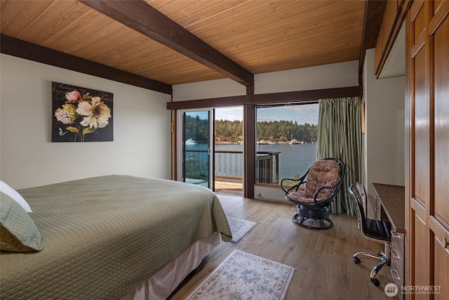 458 De Haro Ln, Friday Harbor, WA 98250 - bedroom featuring beam ceiling, access to outside, wooden ceiling, and wood finished floors