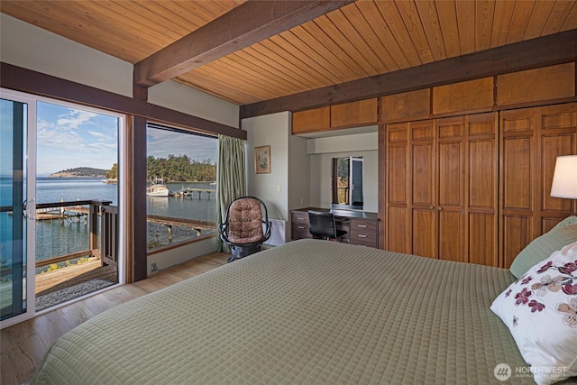458 De Haro Ln, Friday Harbor, WA 98250 - bedroom featuring a water view, light wood finished floors, access to outside, beam ceiling, and wood ceiling