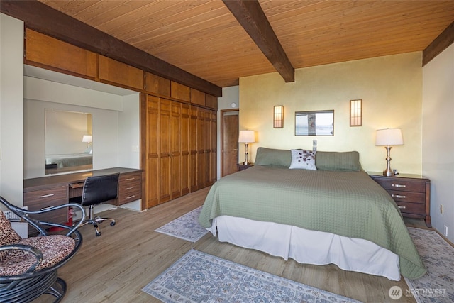 458 De Haro Ln, Friday Harbor, WA 98250 - bedroom with a closet, wood finished floors, beam ceiling, and wood ceiling