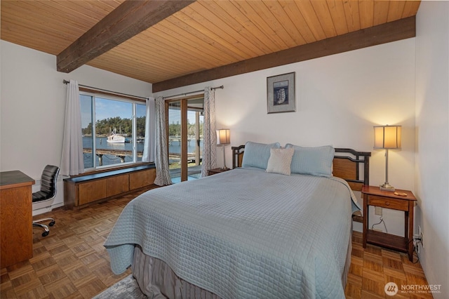 458 De Haro Ln, Friday Harbor, WA 98250 - bedroom with beamed ceiling and wood ceiling