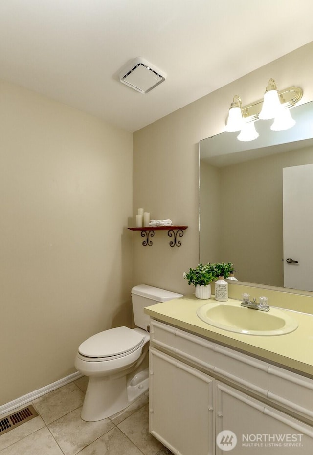 half bathroom with visible vents, toilet, tile patterned floors, and vanity