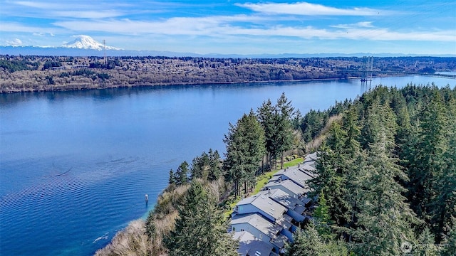 bird's eye view featuring a wooded view and a water view