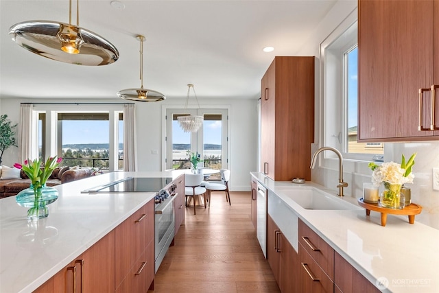 kitchen with light wood-type flooring, a sink, modern cabinets, appliances with stainless steel finishes, and brown cabinets