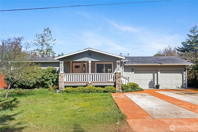 view of front facade featuring a garage, a front lawn, concrete driveway, and a porch
