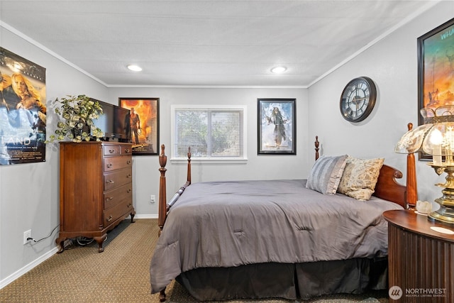 bedroom featuring baseboards, carpet floors, ornamental molding, and recessed lighting