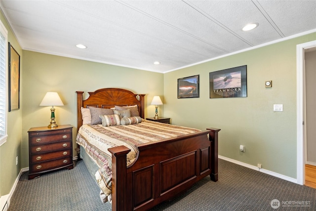 carpeted bedroom with ornamental molding, baseboards, and recessed lighting