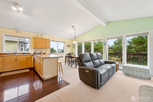 living room featuring lofted ceiling with beams and dark colored carpet