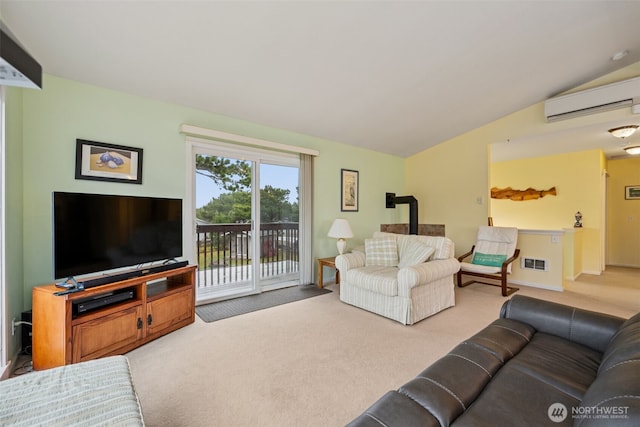 living area featuring lofted ceiling, an AC wall unit, and carpet