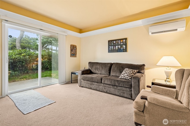 carpeted living area with a wall mounted air conditioner