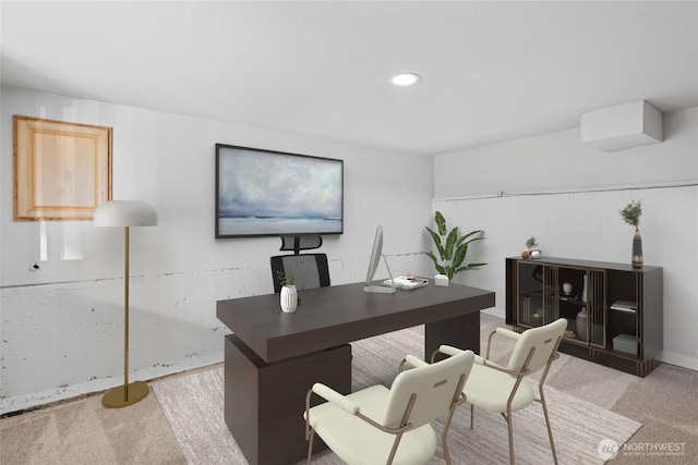 home office featuring light carpet and recessed lighting