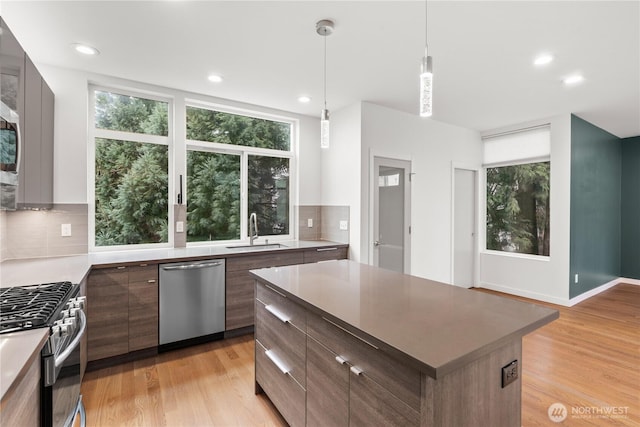2620 SW Nevada St, Seattle, WA 98126 - kitchen featuring modern cabinets, tasteful backsplash, a sink, stainless steel appliances, and plenty of natural light