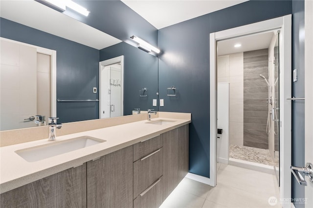 2620 SW Nevada St, Seattle, WA 98126 - full bath featuring tile patterned floors, tiled shower, double vanity, and a sink