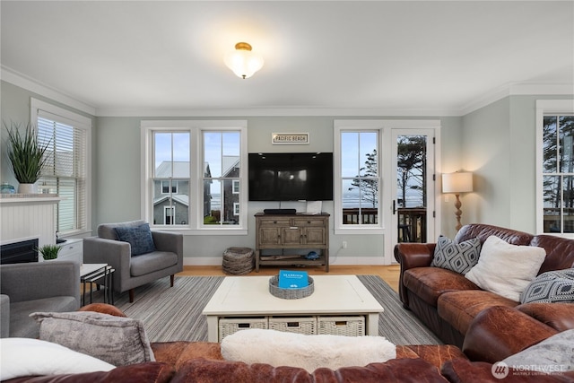 78 Pacifica Ln, Pacific Beach, WA 98571 - living area with a fireplace, crown molding, and wood finished floors
