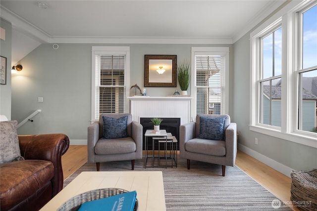 78 Pacifica Ln, Pacific Beach, WA 98571 - living area with baseboards, wood finished floors, and ornamental molding