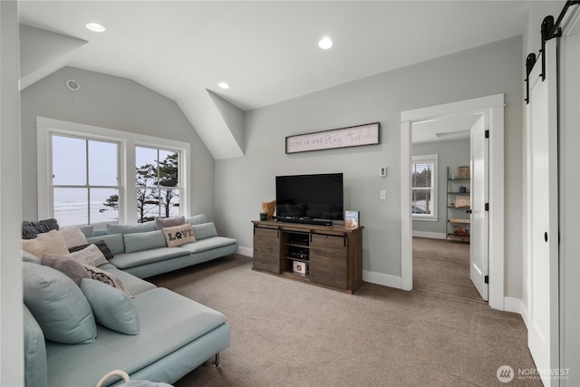 78 Pacifica Ln, Pacific Beach, WA 98571 - living area with baseboards, carpet floors, vaulted ceiling, and recessed lighting