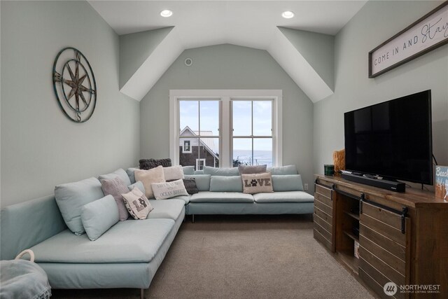 78 Pacifica Ln, Pacific Beach, WA 98571 - living area featuring carpet floors, lofted ceiling, and recessed lighting