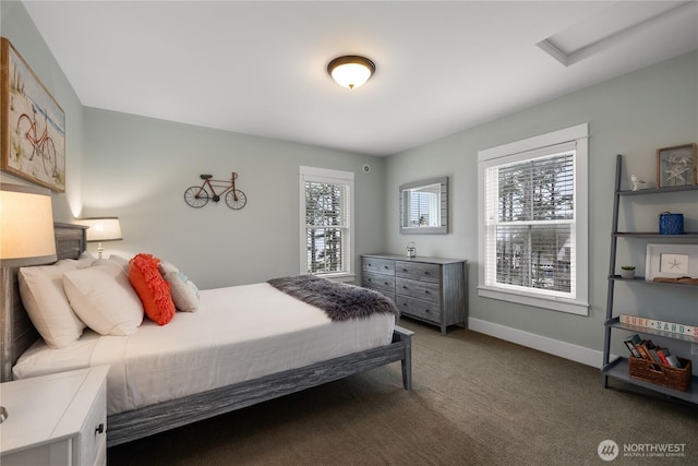 78 Pacifica Ln, Pacific Beach, WA 98571 - carpeted bedroom featuring baseboards, multiple windows, and attic access