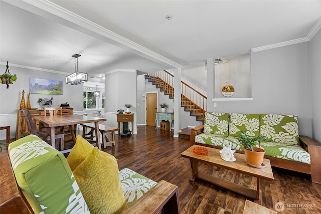 31000 186th Pl SE, Covington, WA 98042 - living area featuring crown molding, stairway, a chandelier, wood finished floors, and baseboards