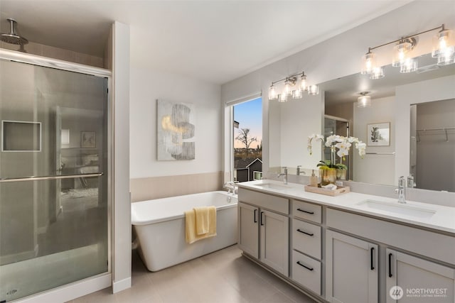 bathroom featuring a sink, a freestanding bath, a shower stall, and double vanity