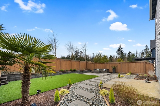view of yard with a patio area, a fenced backyard, and an outdoor hangout area