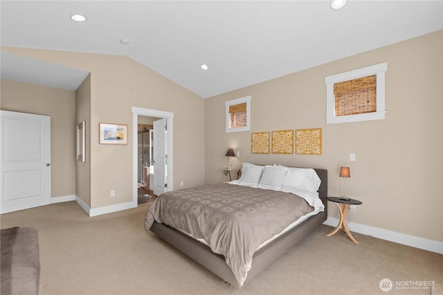bedroom with baseboards, lofted ceiling, carpet flooring, and recessed lighting