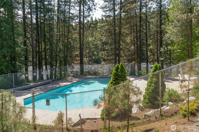 24502 Saddle St, Leavenworth, WA 98826 - view of swimming pool featuring fence and a forest view