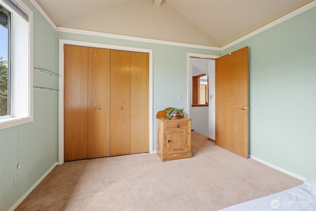 12728 SE 254th Ct, Kent, WA 98030 - unfurnished bedroom featuring vaulted ceiling, carpet floors, a closet, and ornamental molding