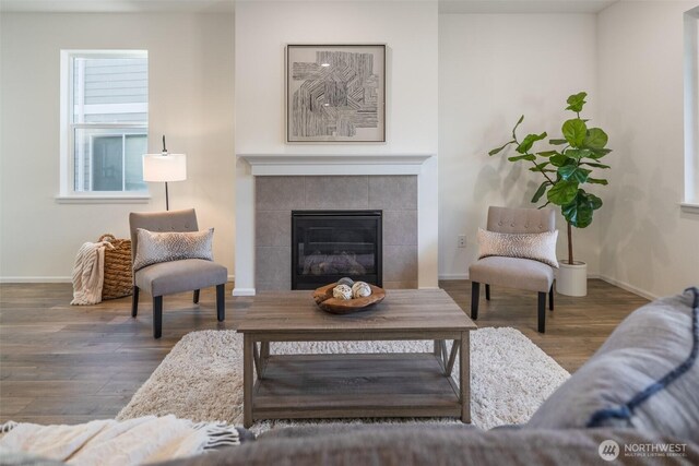 33140 Glacier Ave SE, Black Diamond, WA 98010 - living area with baseboards, wood finished floors, and a tiled fireplace