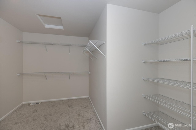 spacious closet featuring carpet floors, visible vents, and attic access