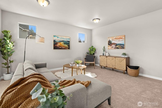 carpeted living area with baseboards and a wealth of natural light