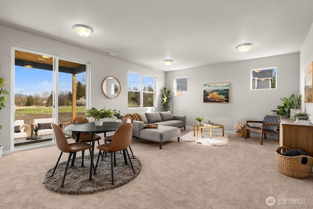 interior space featuring carpet, visible vents, and baseboards