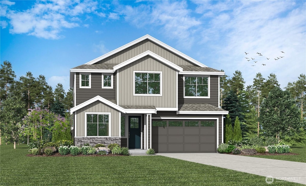 craftsman inspired home featuring roof with shingles, stone siding, driveway, a front yard, and a garage