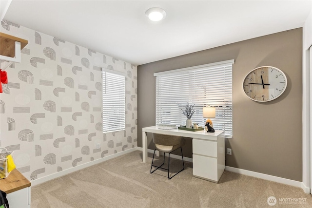 office area with baseboards, light carpet, and wallpapered walls