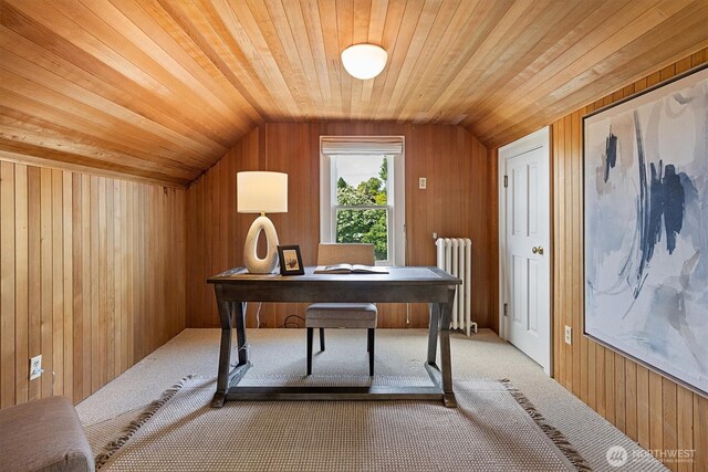 2720 W Galer St, Seattle, WA 98199 - carpeted office space featuring radiator, wood walls, vaulted ceiling, and wooden ceiling