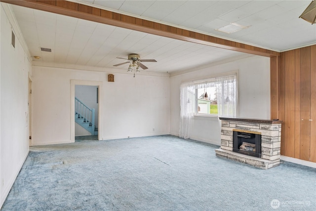 77 S Welcome Slough, Cathlamet, WA 98612 - unfurnished living room featuring ceiling fan, visible vents, carpet floors, and a fireplace
