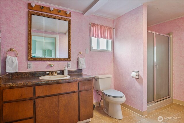 77 S Welcome Slough, Cathlamet, WA 98612 - bathroom featuring a stall shower, tile patterned floors, toilet, and vanity