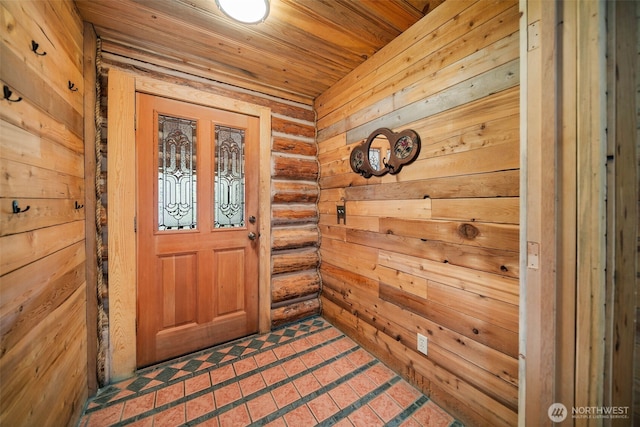 9381 Olalla Cayon Rd, Cashmere, WA 98813 - entryway with rustic walls, tile patterned floors, and wood ceiling