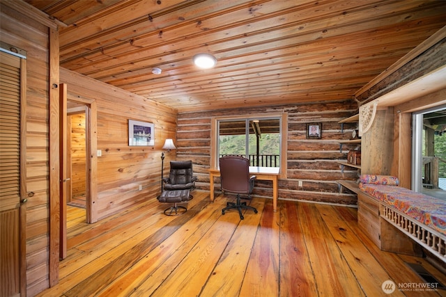 9381 Olalla Cayon Rd, Cashmere, WA 98813 - office space with wood ceiling, plenty of natural light, wood-type flooring, and rustic walls