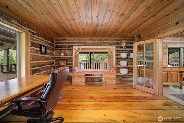 9381 Olalla Cayon Rd, Cashmere, WA 98813 - office space with rustic walls, wood ceiling, and wood-type flooring