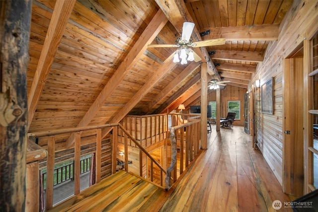 9381 Olalla Cayon Rd, Cashmere, WA 98813 - hallway featuring wooden ceiling, an upstairs landing, wood-type flooring, and wood walls