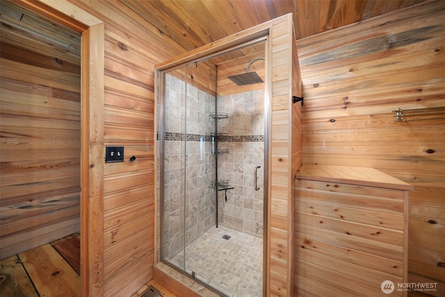 9381 Olalla Cayon Rd, Cashmere, WA 98813 - bathroom featuring a shower stall, a sauna / steam room, and wood walls