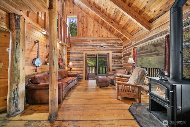 9381 Olalla Cayon Rd, Cashmere, WA 98813 - living area featuring a wood stove, log walls, wood ceiling with exposed beams, healthy amount of natural light, and hardwood / wood-style flooring