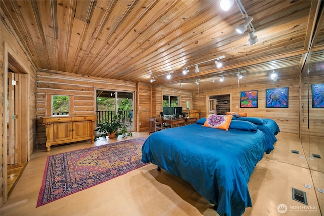 9381 Olalla Cayon Rd, Cashmere, WA 98813 - bedroom with track lighting, log walls, wood ceiling, access to outside, and light wood finished floors