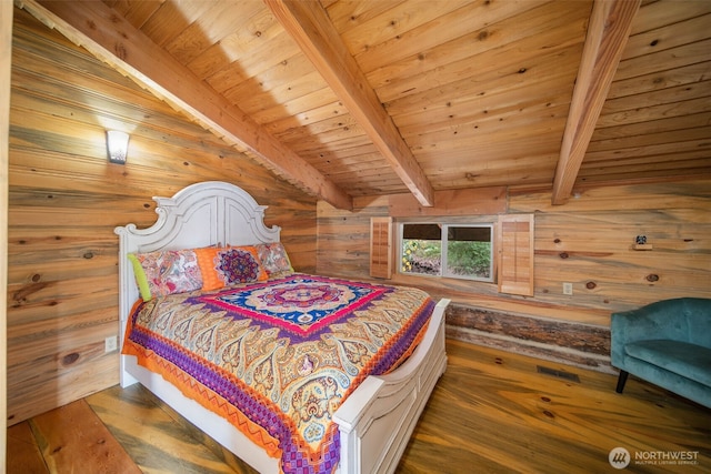9381 Olalla Cayon Rd, Cashmere, WA 98813 - bedroom featuring wood walls, wood finished floors, and wood ceiling with exposed beams